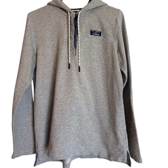 LL Bean 1/4 Button Hoodie Pullover Gray Navy Cotton Sz M Hooded Top - Picture 1 of 8